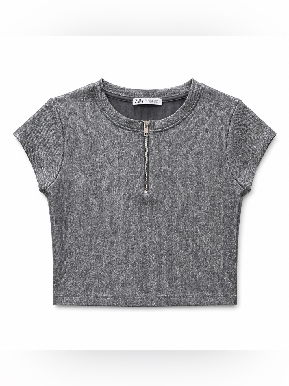 Zara - Metallic Silver Short Sleeve Zip Front Tee